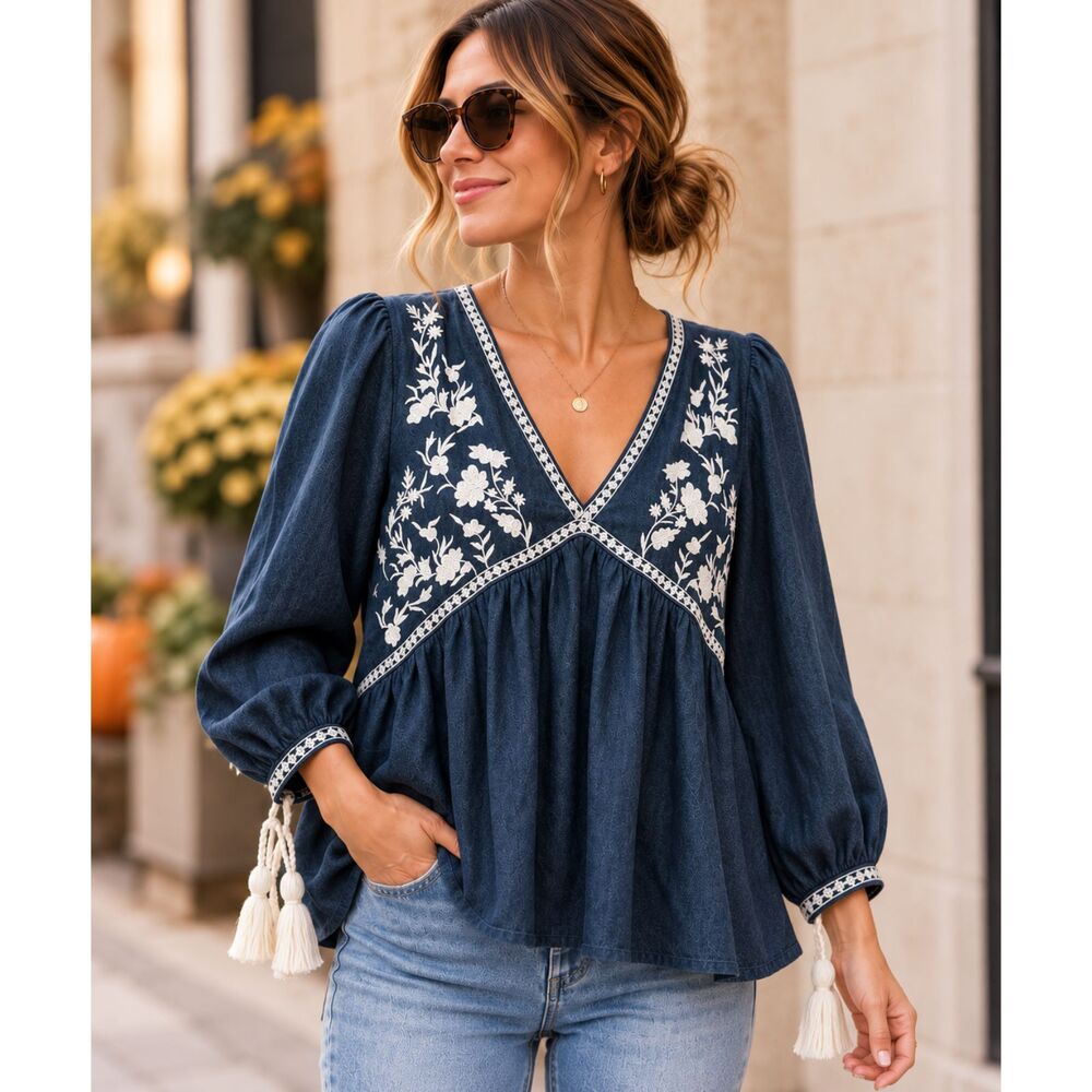 Zara TRF Embroidered Boho Babydoll Blouse Tassel Sleeve Blue Size S